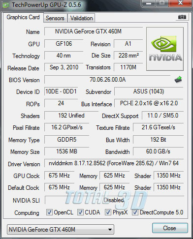 Обзор ноутбука ASUS G53SW. GPU-Z GeForce GTX 460M